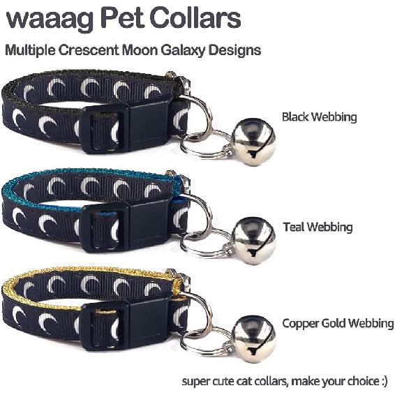 Waag Crescent Moon Galaxy Space Cat Collar - Multiple Designs, Safety Breakaway Collar (Black Webbing, XXS 6.5"-10" Neck)