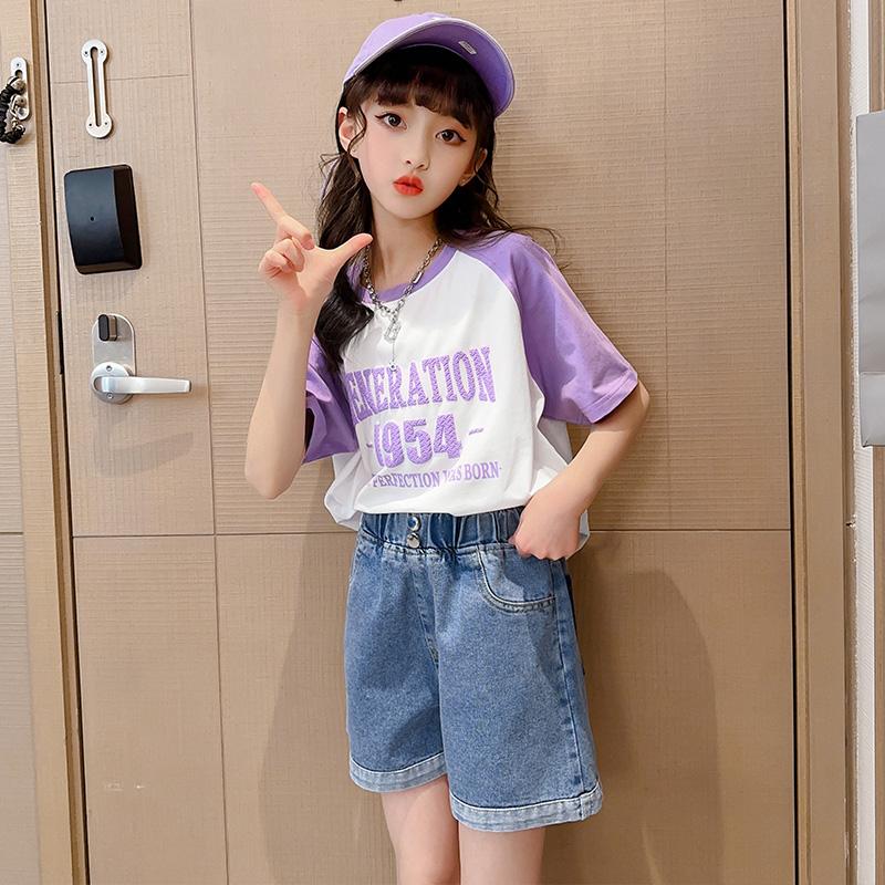 Girls' Summer Outfit Set: Denim Shorts and Short-Sleeved Top