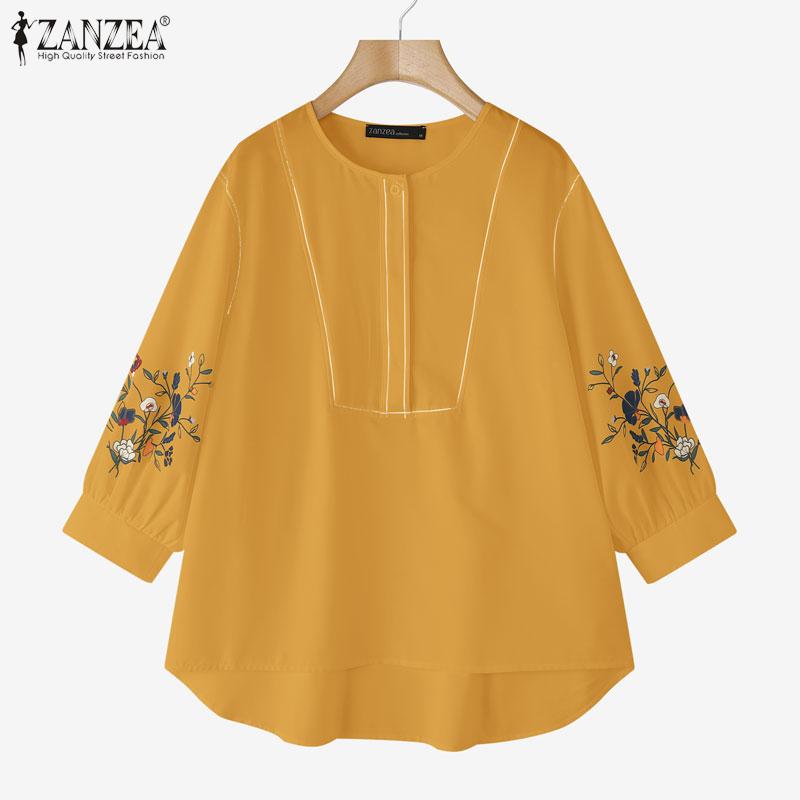 ZANZEA Women Casual Round Neck 3/4 Sleeve Loose Print Blouse