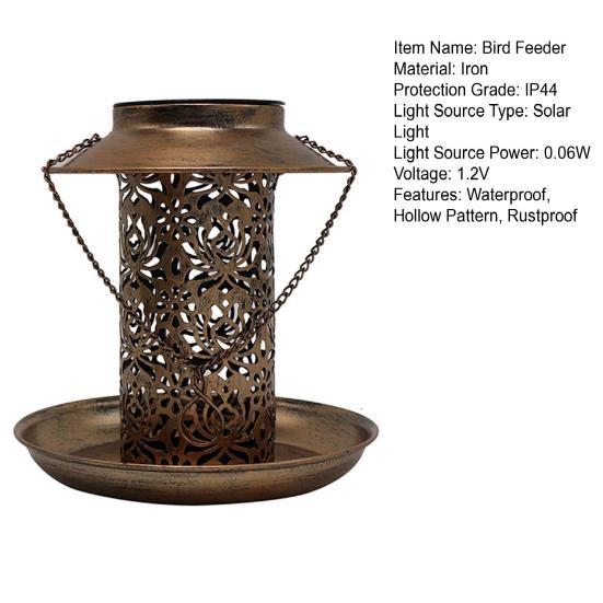 Alimentador de pássaros suspenso ao ar livre com luz solar, padrão oco, design à prova d'água, anti-ferrugem, suporte de comida de beija-flor, lanterna de jardim