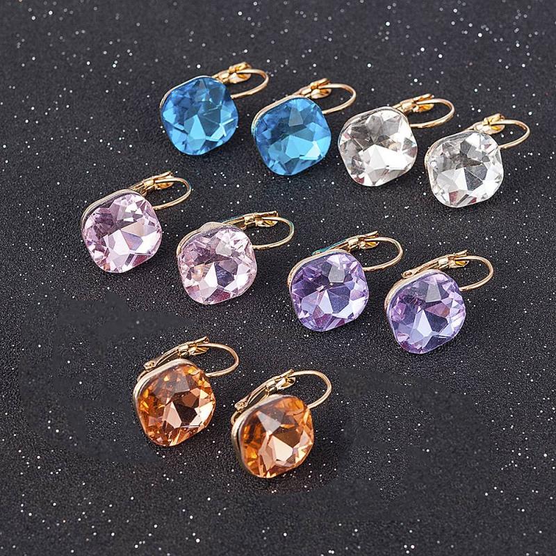 New Korean Crystal Dangle Earrings for Women Small Earrings Gold Buckle Square Pendants Drop Earrings Purple Pink Earings