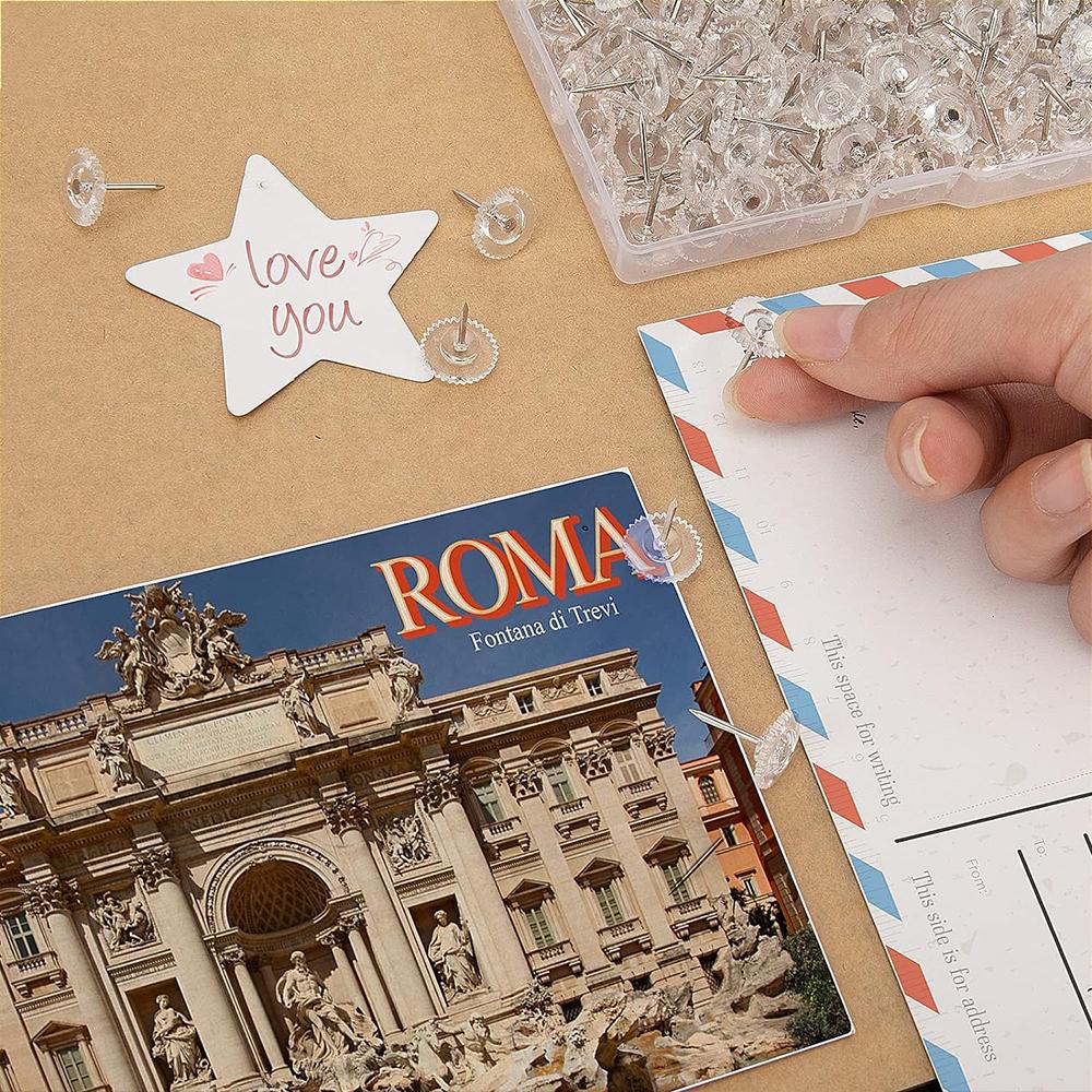 100PCS Clear Thumb Tacks Steel Point and Head Pushpins Transparent Flat Push Pins for Fabric Marking Office Organization