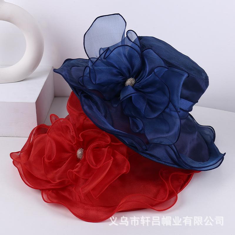 Mesh visor women's summer new solid color flower sunscreen sun hat European and American elegant crimped top hat beach hat