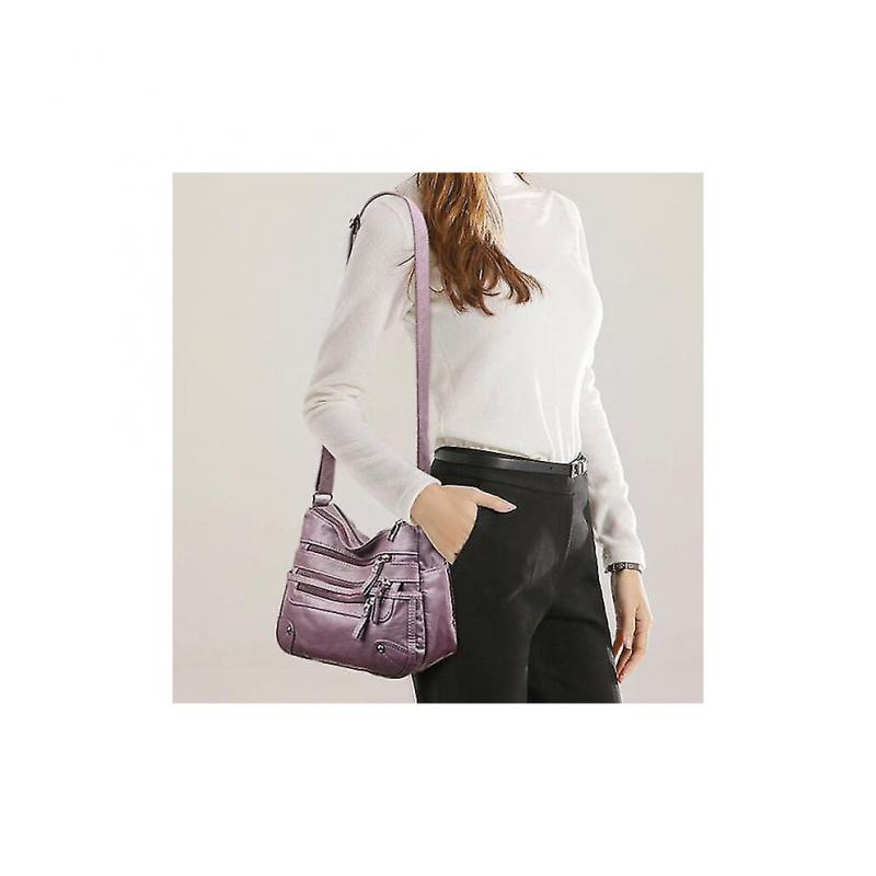 For The Ladies Bags Soft Waterproof Multi Zipper Leather Satchel Outdoor Travel Shoulder Bag Purple
