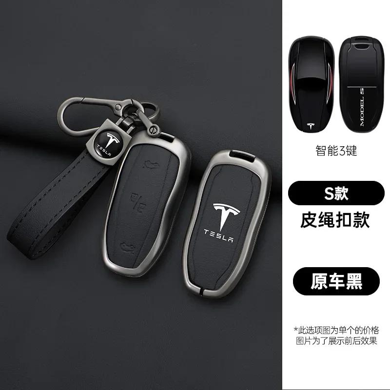 Car Sticker Tesla Zinc Alloy Leather Car Fob Smart Remote Key Case Cover Holder For Tesla Model 3 Model S Model Y Protector Keyc
