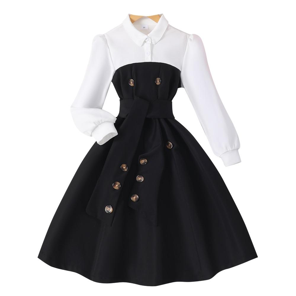 8-12Y Girls' Long-Sleeved Dress Autumn/Winter Dress Patchwork Fashion Contrasting Colours Minimalist Dress