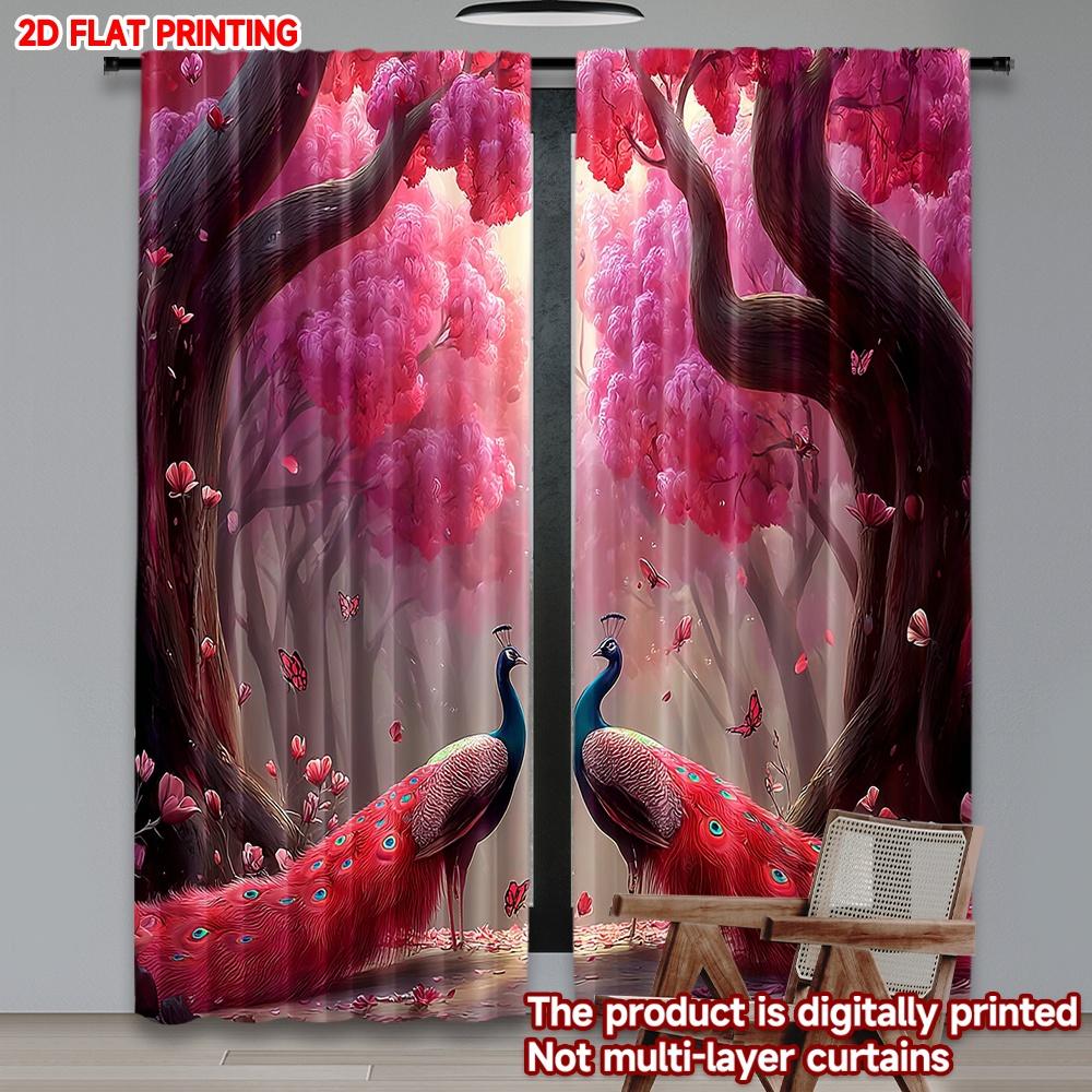

Set Of 2 Flat Printing Happy Valentine Day Party Curtain Red Peacock Forest Digital Printed Polyester Drapes Birthday Use W100*H70(CM)-Hooks&2PCS
