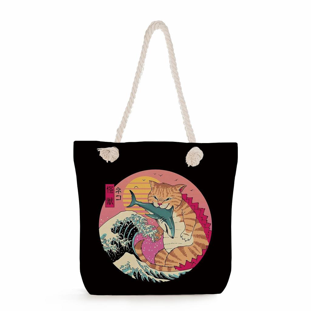 Samurai Cat Print Thick Rope Single-shoulder Beach Bag 7235