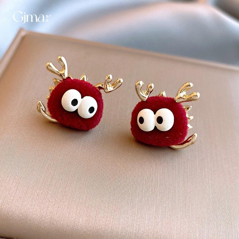 New Year's red flower flocking stud earrings women's niche earrings versatile earrings autumn and winter