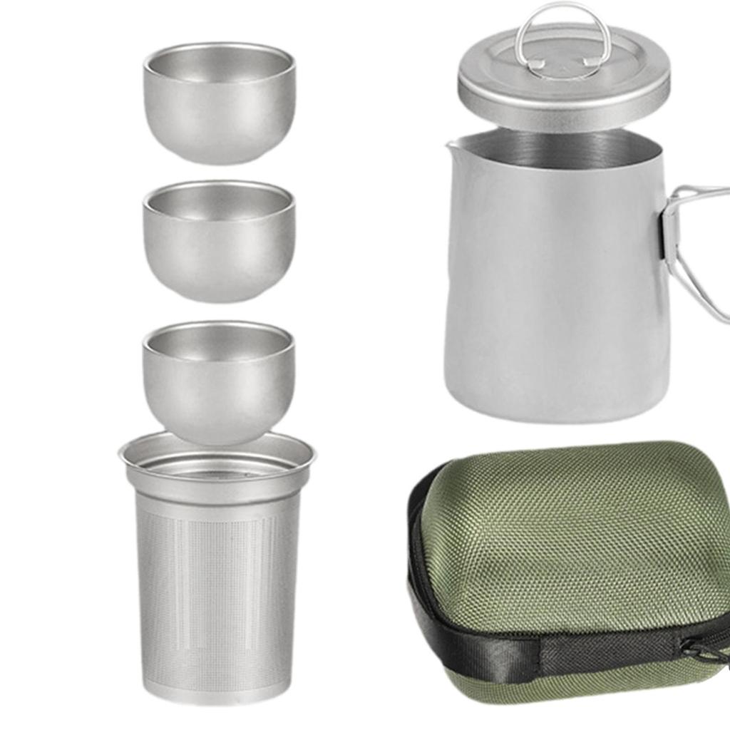 Titanium Tee-Set Tragbare Tassen Geschirr Stapelbar mit Tasche Vielseitige Reise-Teekanne für Reisen Outdoor Zuhause Angeln Büro