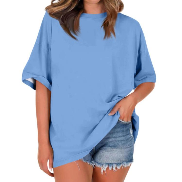 

Women Casual Loose T Shirt Round Neck Short Sleeve Falling Shoulder Solid Color Top Ladies Fashion Blouse XXL синій