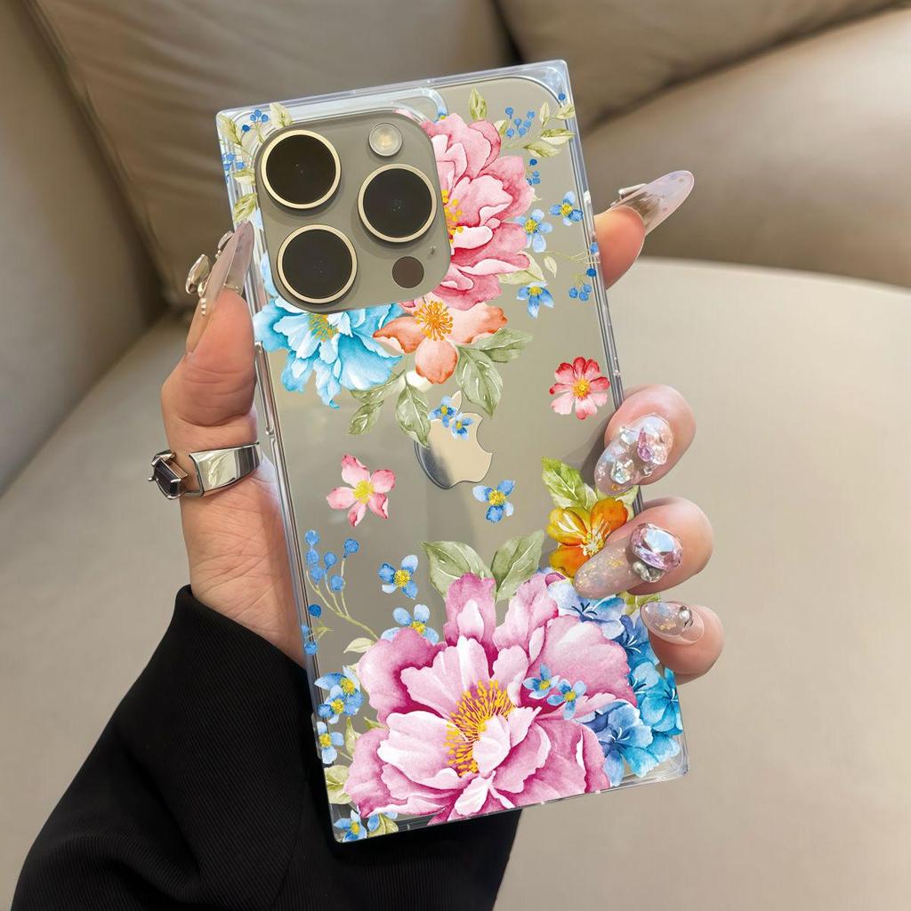Transparente Quadratische Rückseite Röhrenhülle Schutz Für iPhone 11 16 ProMax 12 14 Pro Max 15 Plus 13 Anti-Sauerstoff, Musterhülle mit üppiger Blüte
