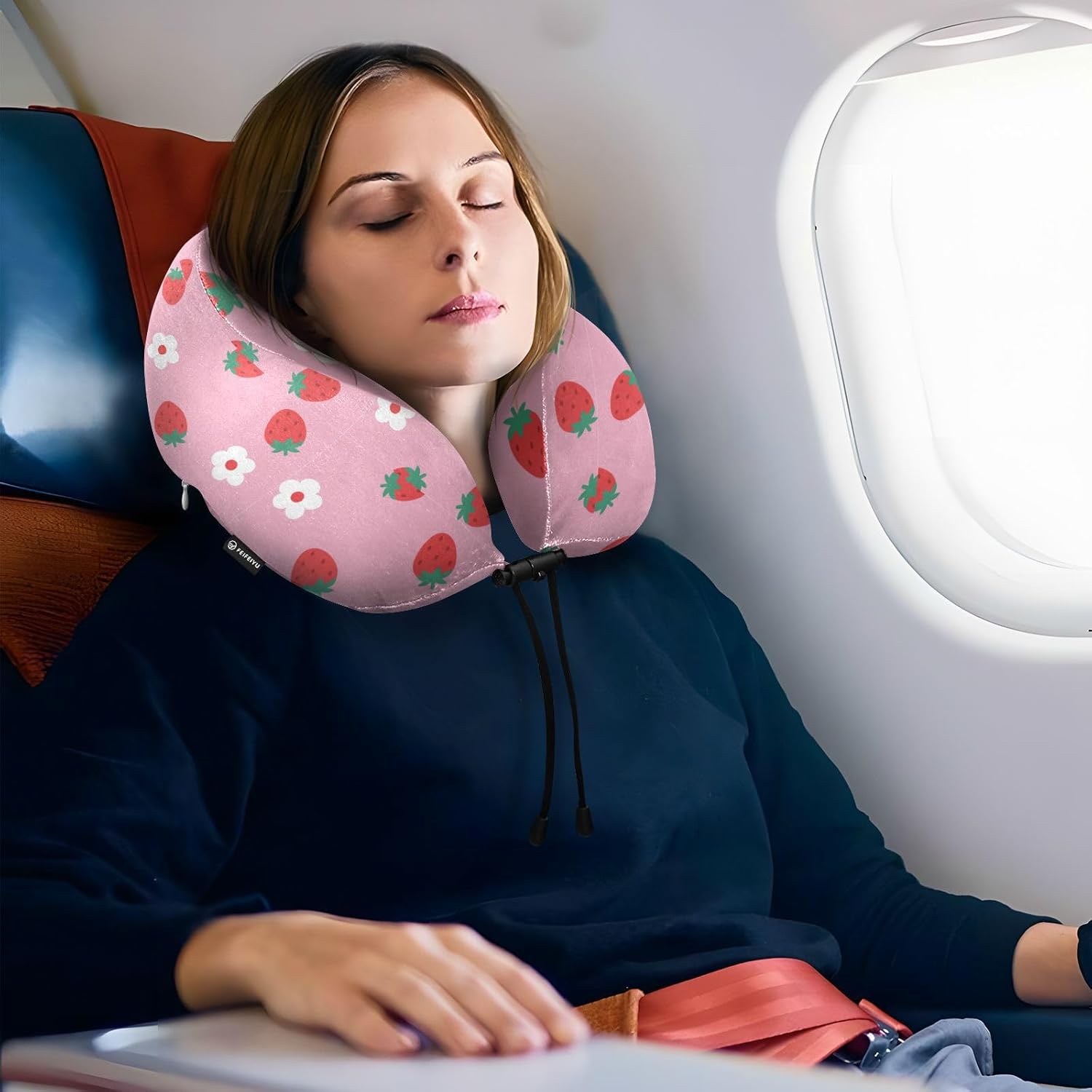 Travel Pillow for Neck Head, Pink Strawberry Fruit Flower Memory Foam Padding Sleeping Airplane Trains Cars Camping Office
