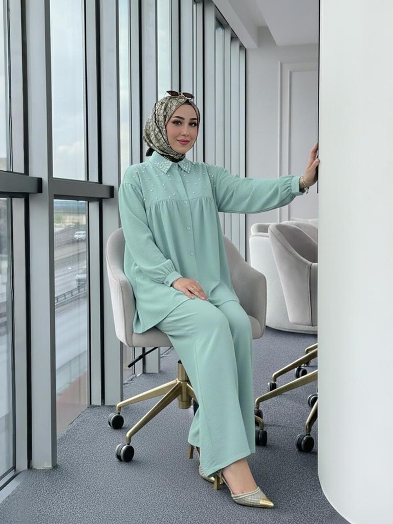 New Arrival: Beaded Long Sleeve Top & Wide Leg Pants Set - Muslim Women's Fashionable Casual Wear