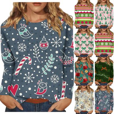 Damenmode Lässiges T-Shirt mit Weihnachtsdruck, Rundhalsausschnitt, lange Ärmel, dekoratives T-Shirt