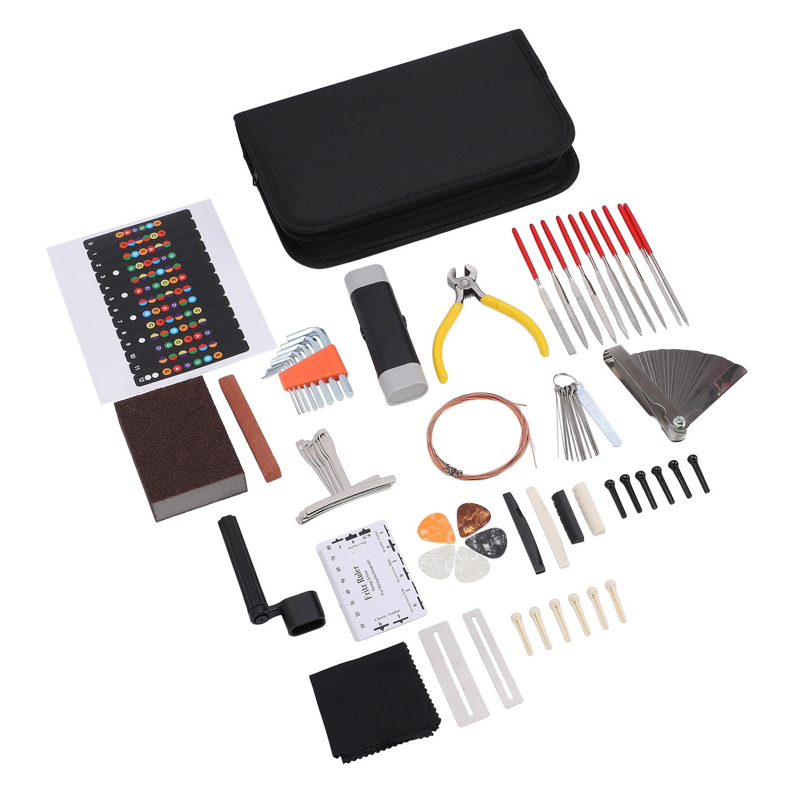 

72 Pcs Guitar Repair Tool Kit with Strings Picks Storage Case String Guard Pen Bridge Pins Nut Files Hex Wrenches for