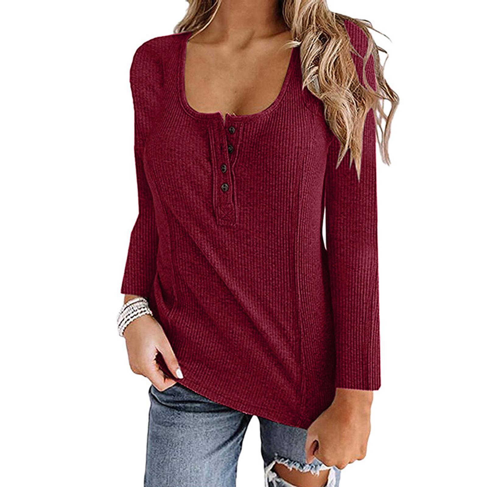 

Women s Casual Fashion U-Neck Button Solid Color Long Sleeve Top L