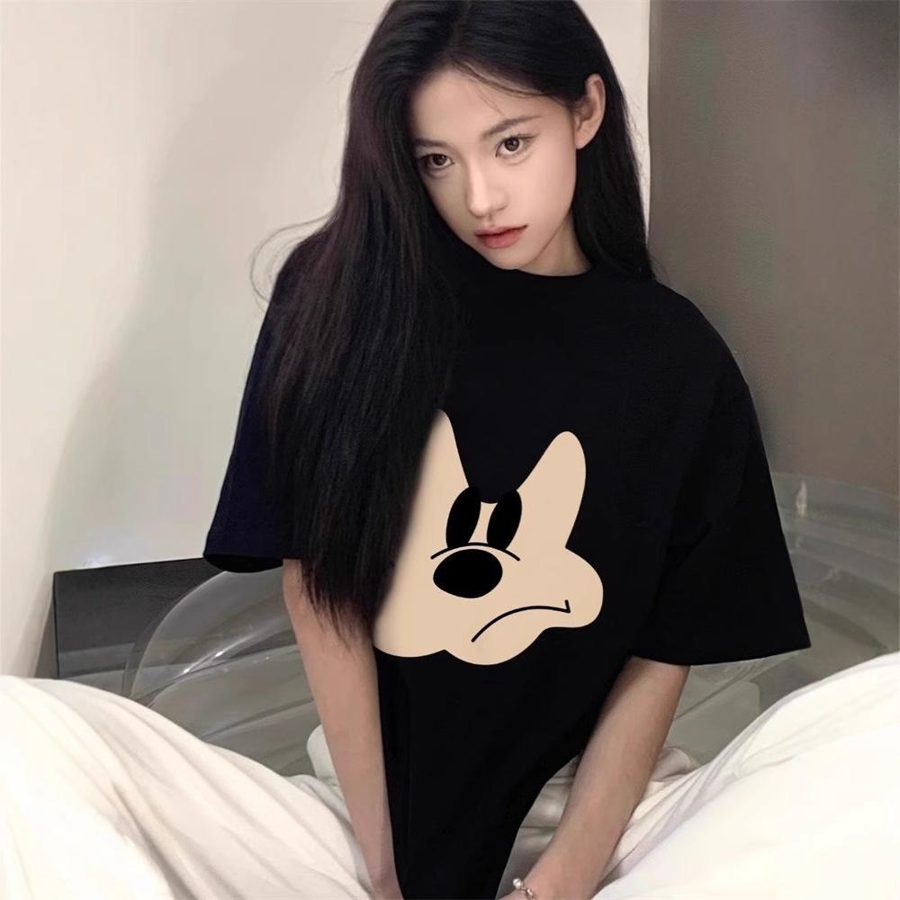 Women Pure Cotton Heavyweight Short Sleeve T-Shirt Cartoon Print Loose Lazy Tops Vintage American Casual Oversized Tees Summer Blouses