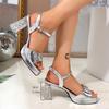 Fashion Crystal Buckle High Heels Sandals Women Gold Silver Pu Leather Square Toe Party Shoes Ankle Buckle Strange Heels Platform Sandls