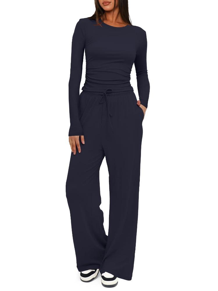 Women's Ribbed Long Sleeve Top and Wide Leg Pants Set