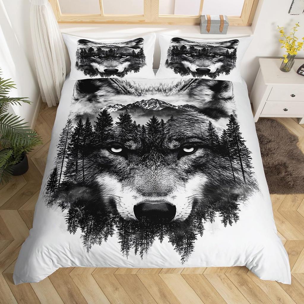 Kids Wolf Comforter Cover Full Queen Size Botanical Floral Bedding Set Wild Animal Duvet Cover Plant Flower Bedspread Cover