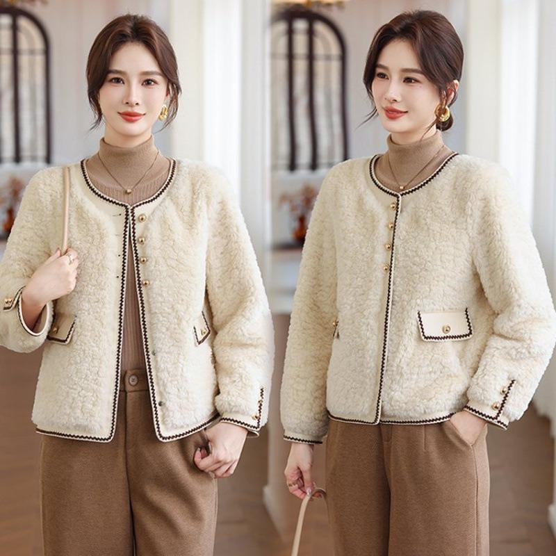 Women's fragrant jacket, warm fur integrated, slim and thin, medium women's short top