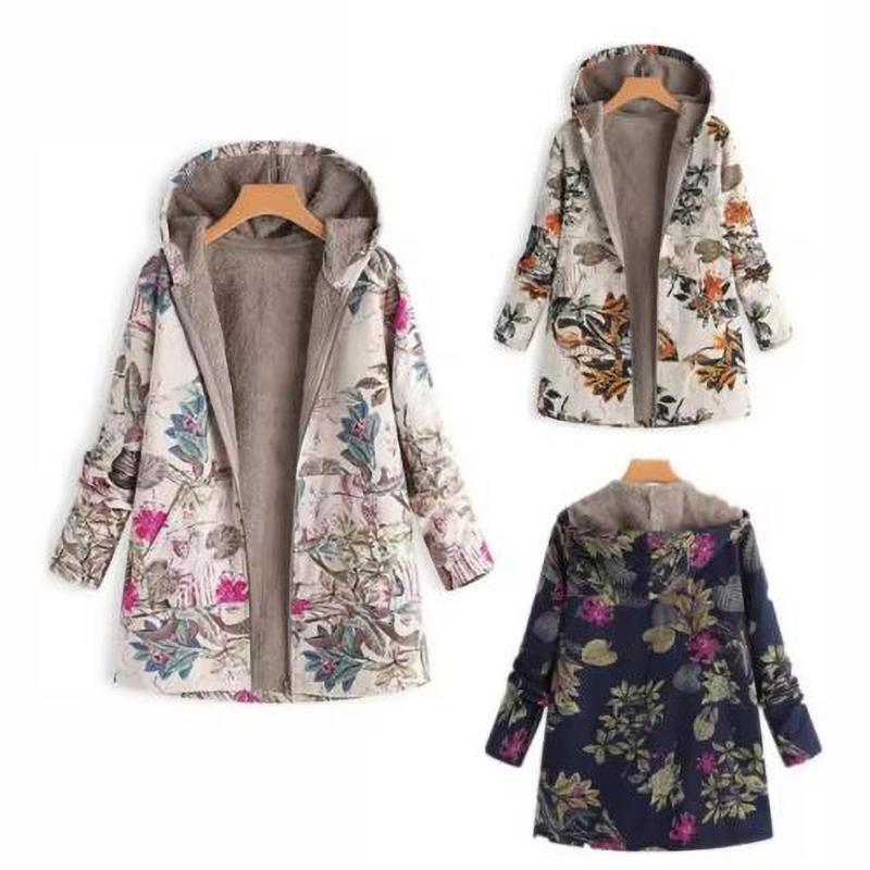 Printed Hooded Long Sleeve Coat Oversized Vintage Women Autumn Winter Warm Plush Jacket Casual