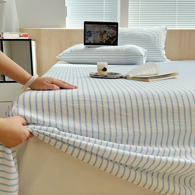 Japanese Thin Striped Washed Cotton Thick Bed Sheet, Bedding Set for Student Single Dormitory