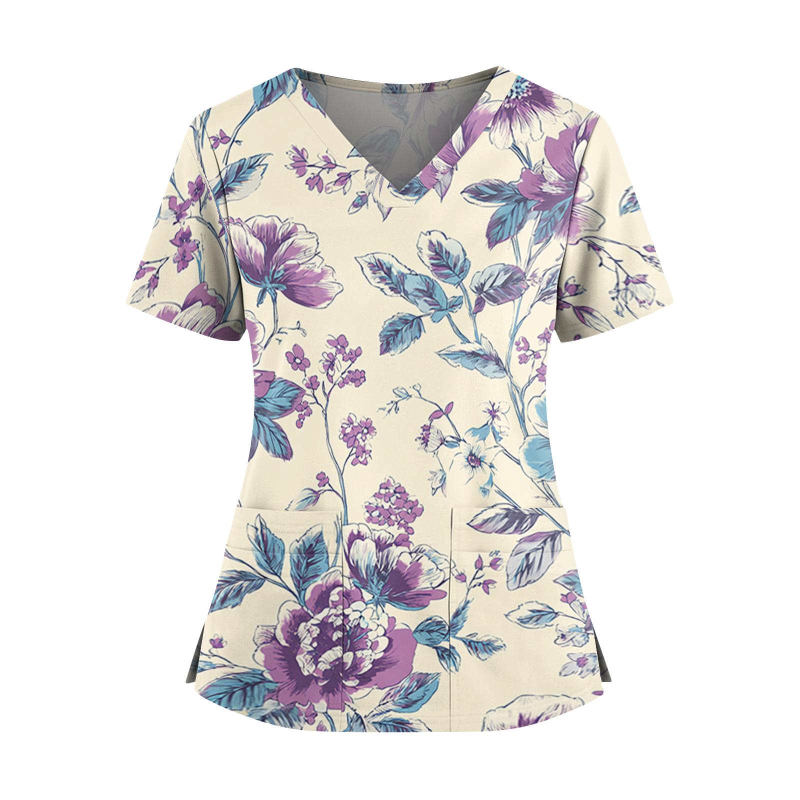 

Women s floral print V-neck double pocket short-sleeved uniform/caregiver top with slits at the hem L синий