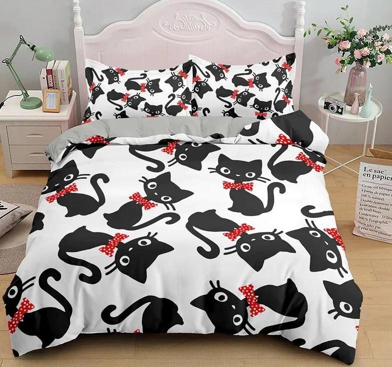 Cartoon Cute Cat Down Duvet Cover 3 Piece Set Single-Sided Printing Bedding Set Comfortable Quilt Cover With 2 Pillowcases