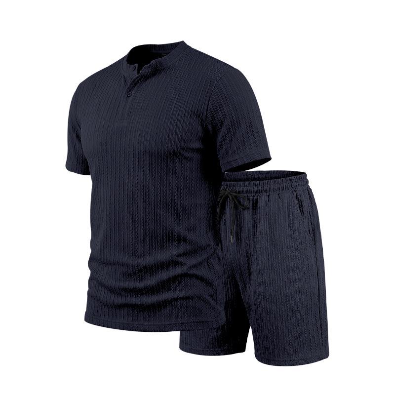 Summer Retro Men's Loose Knit Henley Shirt & Shorts Set