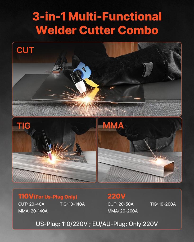 3-in-1 Plasma Cutter Welder Combo - CUT/TIG/MMA, 50A Plasma Cutting Machine & 200A TIG Stick Welder, LED Digital Display with 2T/4T/PA/PT Function for