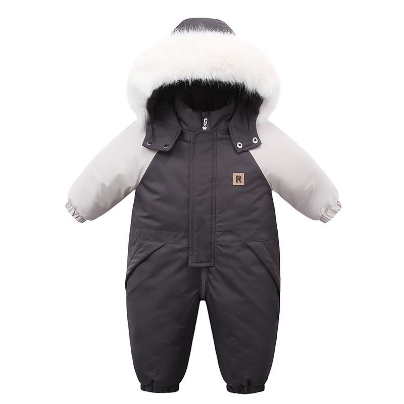 Winter-Plüschkragen Kinder-Strampler: Dicker, warmer, Kapuzen-Jumpsuit mit langen Ärmeln und Reißverschluss