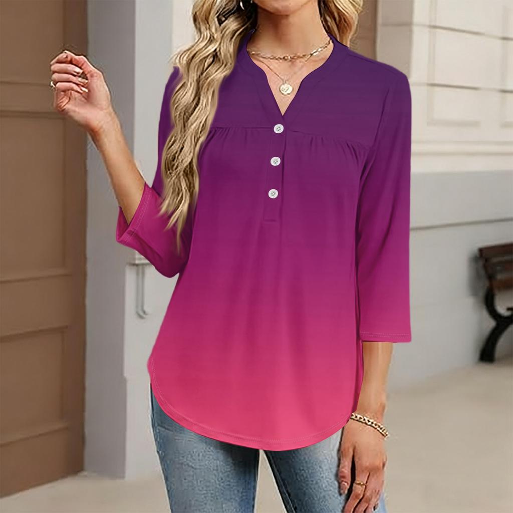 Women's Fashionable Casual Color Block Gradient Print V-Neck Button Three-Quarter Sleeve T-Shirt Top