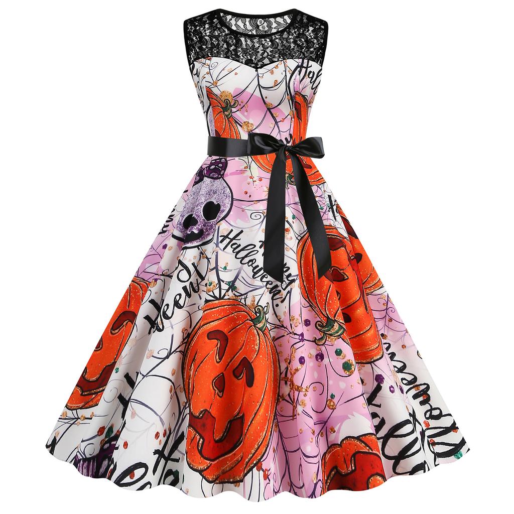 Women's Hepburn-Style Retro Lace Round Neck Sleeveless Halloween Printed Dress