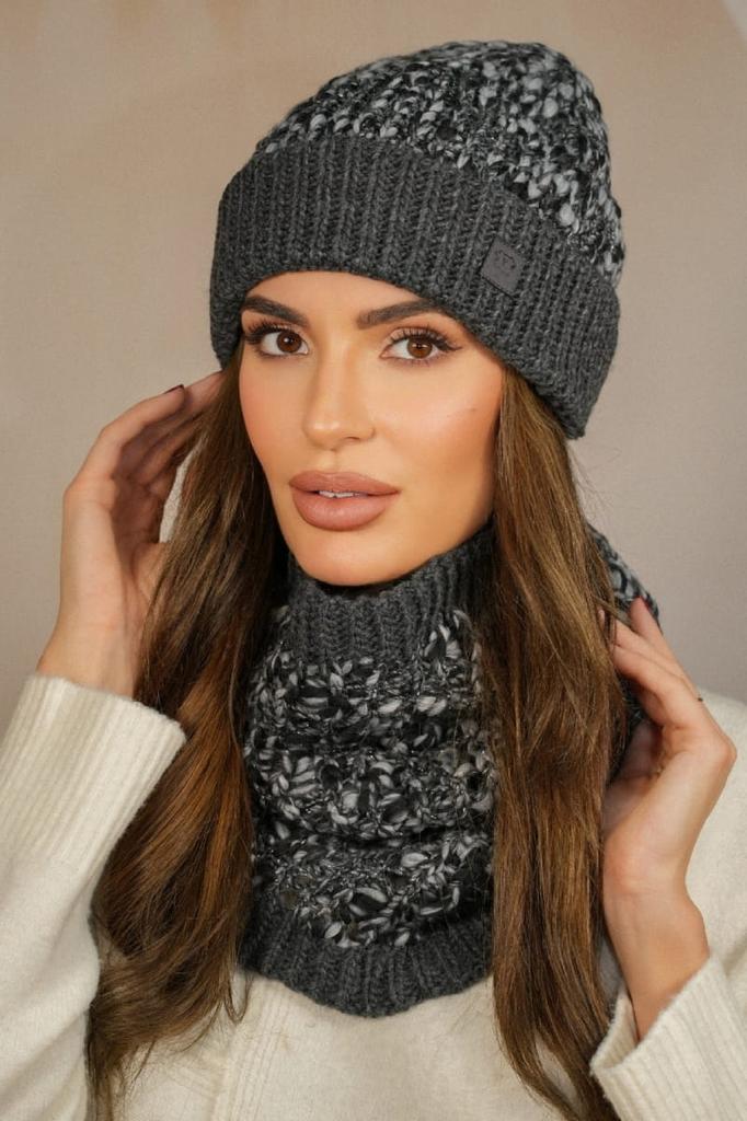 Apricot Winter Set Hat with Snood Graphite Color