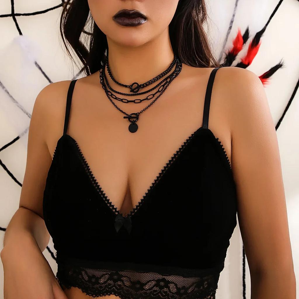 Retro Punk Styl Černý Láska Srdce Hvězda Vícevrstvý Přívěsek Náhrdelník Sada pro Ženy Osobnost Hip Hop Rock Šperky Set Doplněk