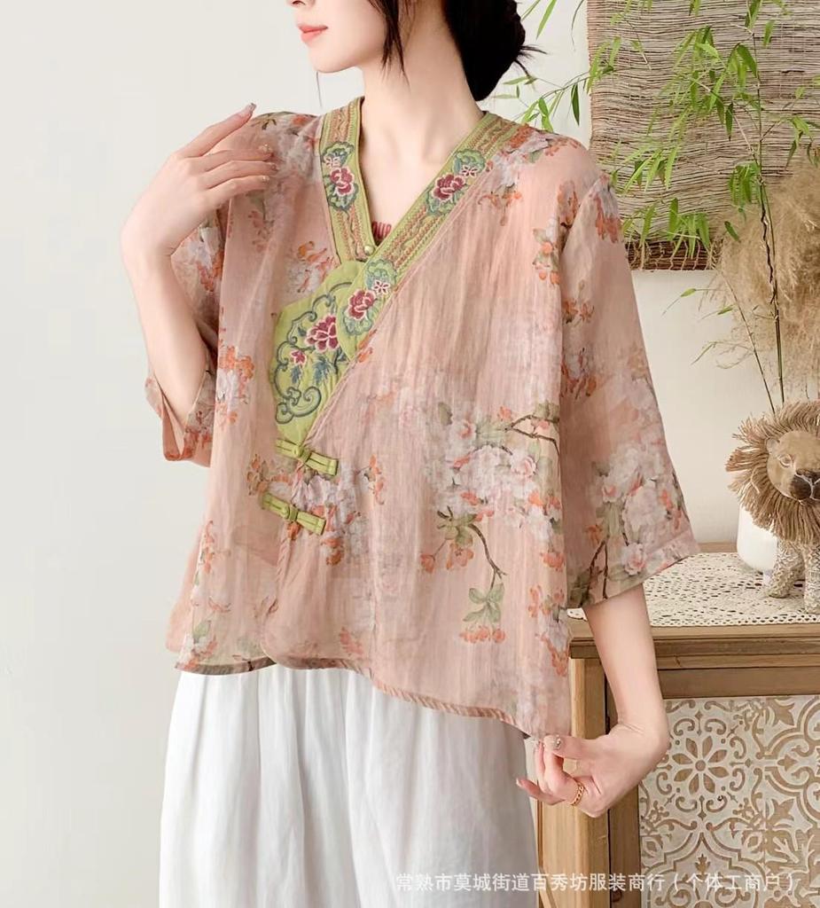 2026 Summer Women's V-Neck Retro Chinese-Style Ramie Shirt with Frog Buttons and Embroidered Prints