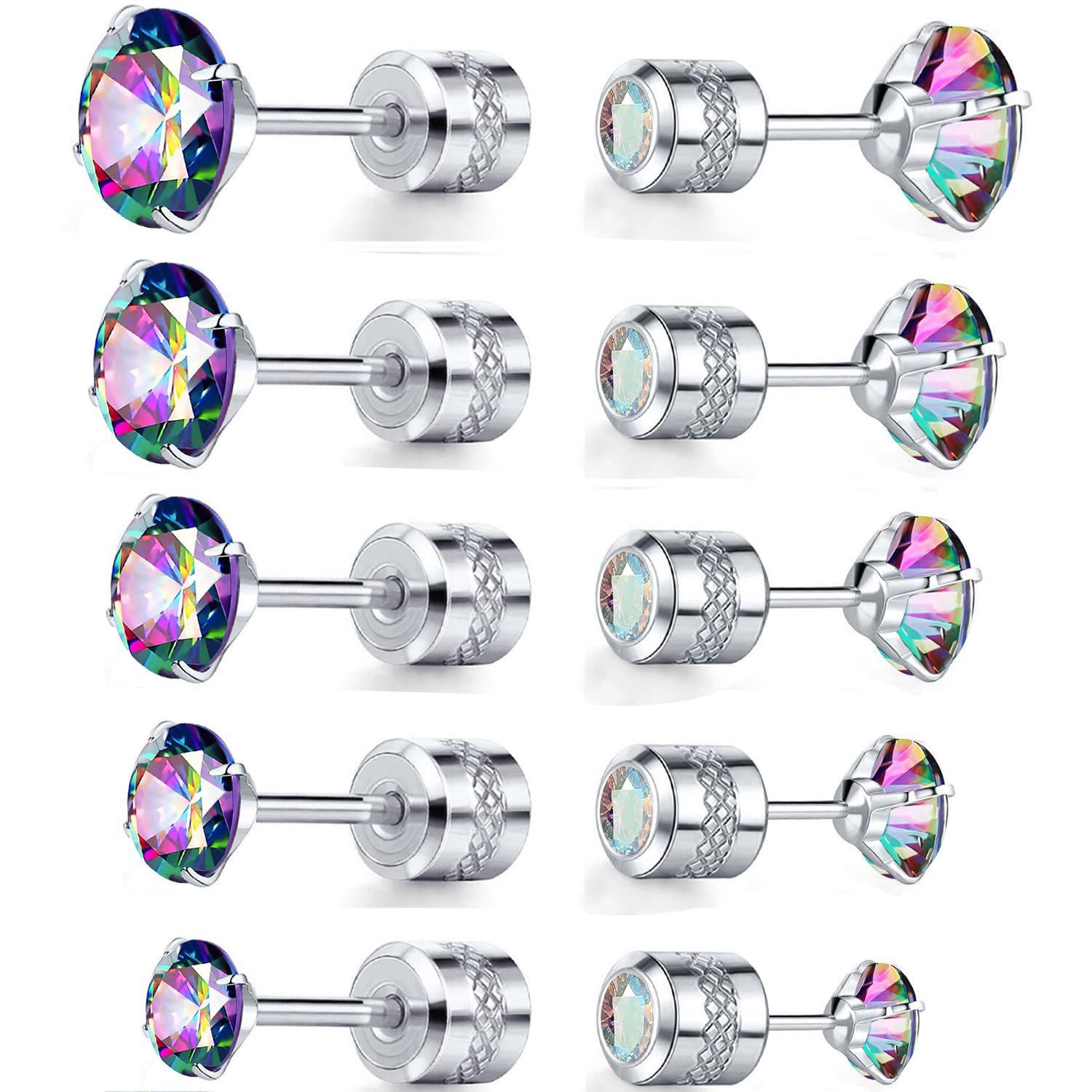 A stainless steel stud earrings four claws inlaid with 2-6mm zircon fashion design colored earrings trendy men and women 2mm-6mm