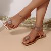 Fashion Luxury Glitter Decoration Gold Clip Toe Sandals Women Summer Square Toe Flat Heel Slides Brand Design Thin Band Beach Slippers