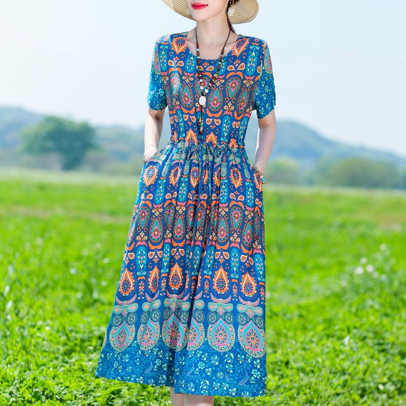 Plus Size Women's Long Dress Summer  Short Sleeve Vintage Print Dress for Women