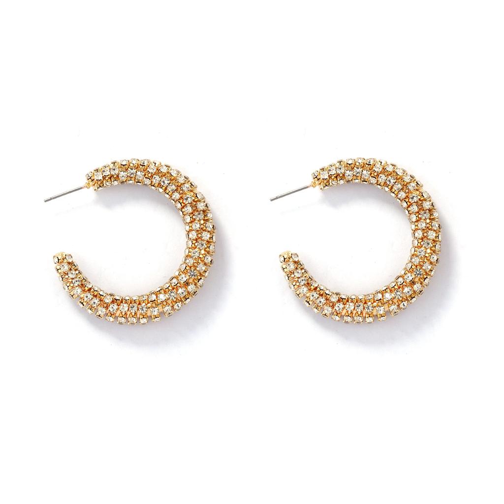 Exquisite Light Luxury High-end Temperament Geometric Full Diamond Curved C-ring Stud Earrings Versatile Super Flash Earrings Wholesale