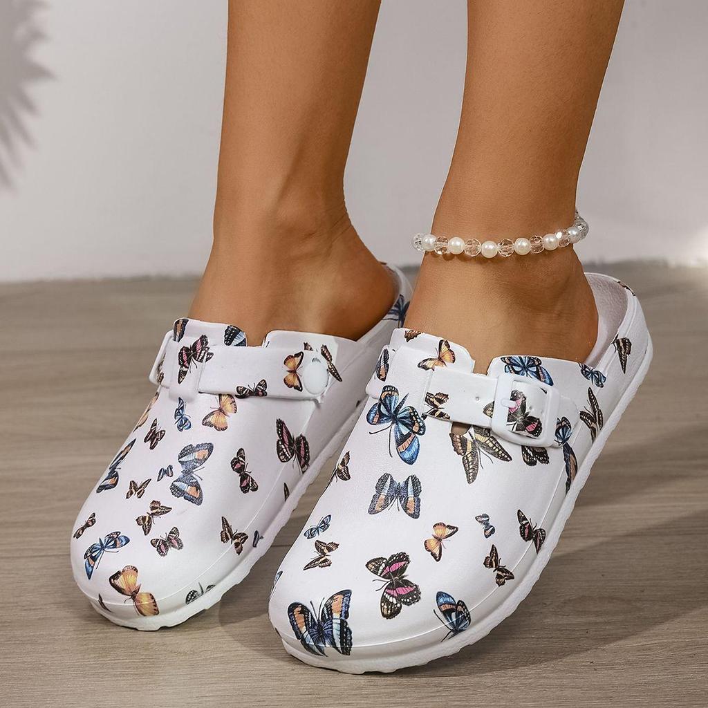 New Women's Fashionable Slip-On Slippers Elegant Black-Gray Butterfly Watermark Wedge Heel with Durable Soft Sole Comfortable Fo