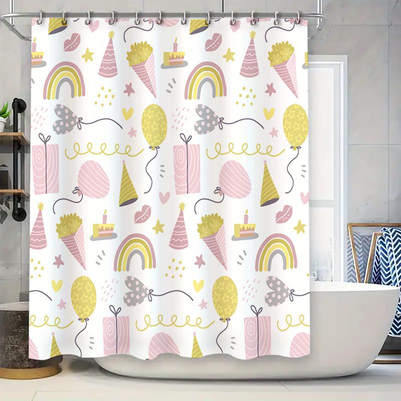 Happy Birthday Party Decorations Shower Curtain For Kids Room Pink Yellow BalloonsParty HatsCakeRainbowStarsBalloonsConfet W60H190(CM)-1 Pcs