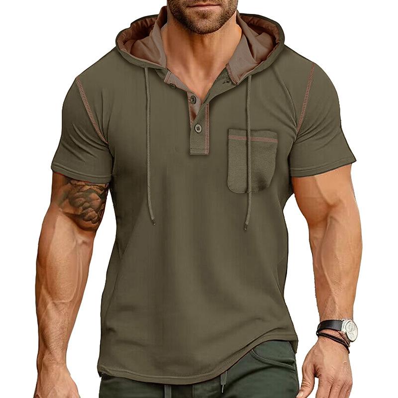 Men's Color Block Trim Hooded Henley Short Sleeve T-Shirt
