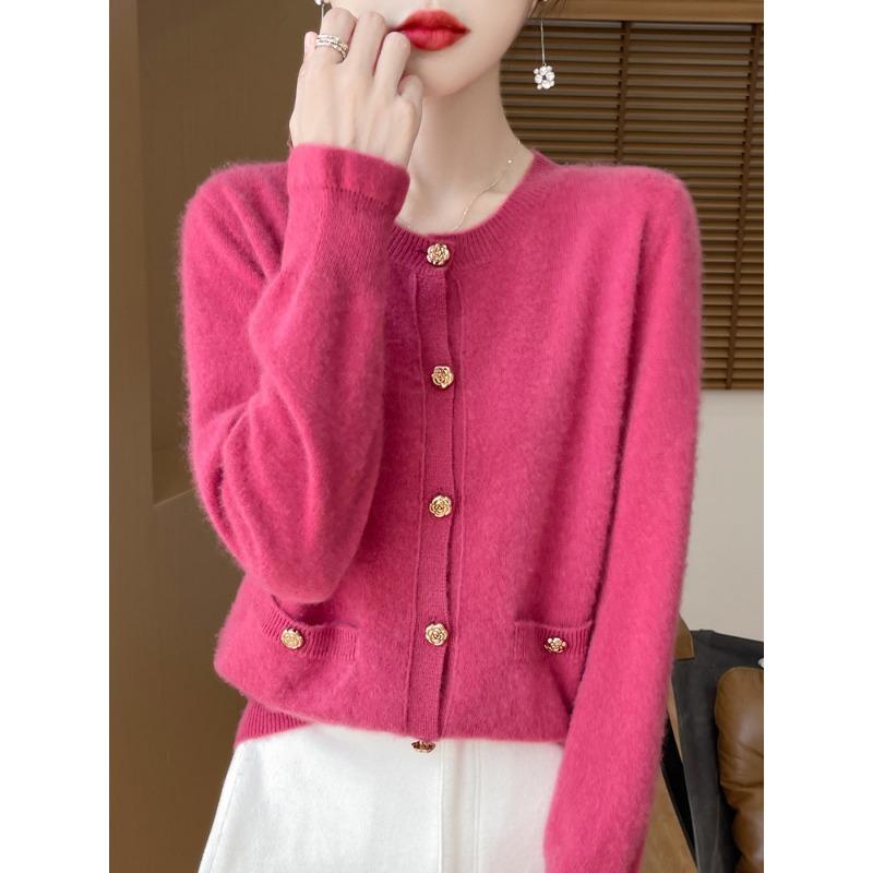 New Autumn and Winter Style Pure Wool Round Neck Knitted Cardigan for Women's Rose Button Pocket Cashmere Sweater Temperament Jacket