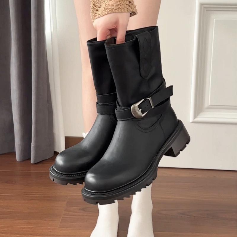 Cowhide Version Wasteland Wind Thick-soled Martin Boots Women's Round Head Autumn and Winter New Knight Boots Retro Belt Buckle Locomotive Short Boots