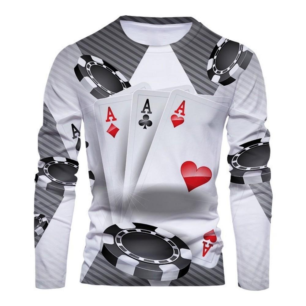 Casino Poker Print Long Sleeve T-Shirt, Stylish Casual Wear