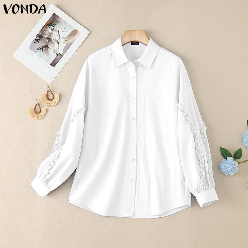 VONDA Women Casual Round Neck Ruffled Long Sleeve Solid Color Baggy Blouse