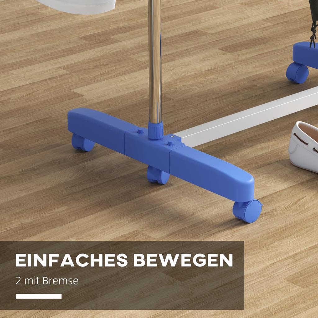 Three-Shelf Collapsing Clothes Horse, With Side Arms and Wheels - Blue